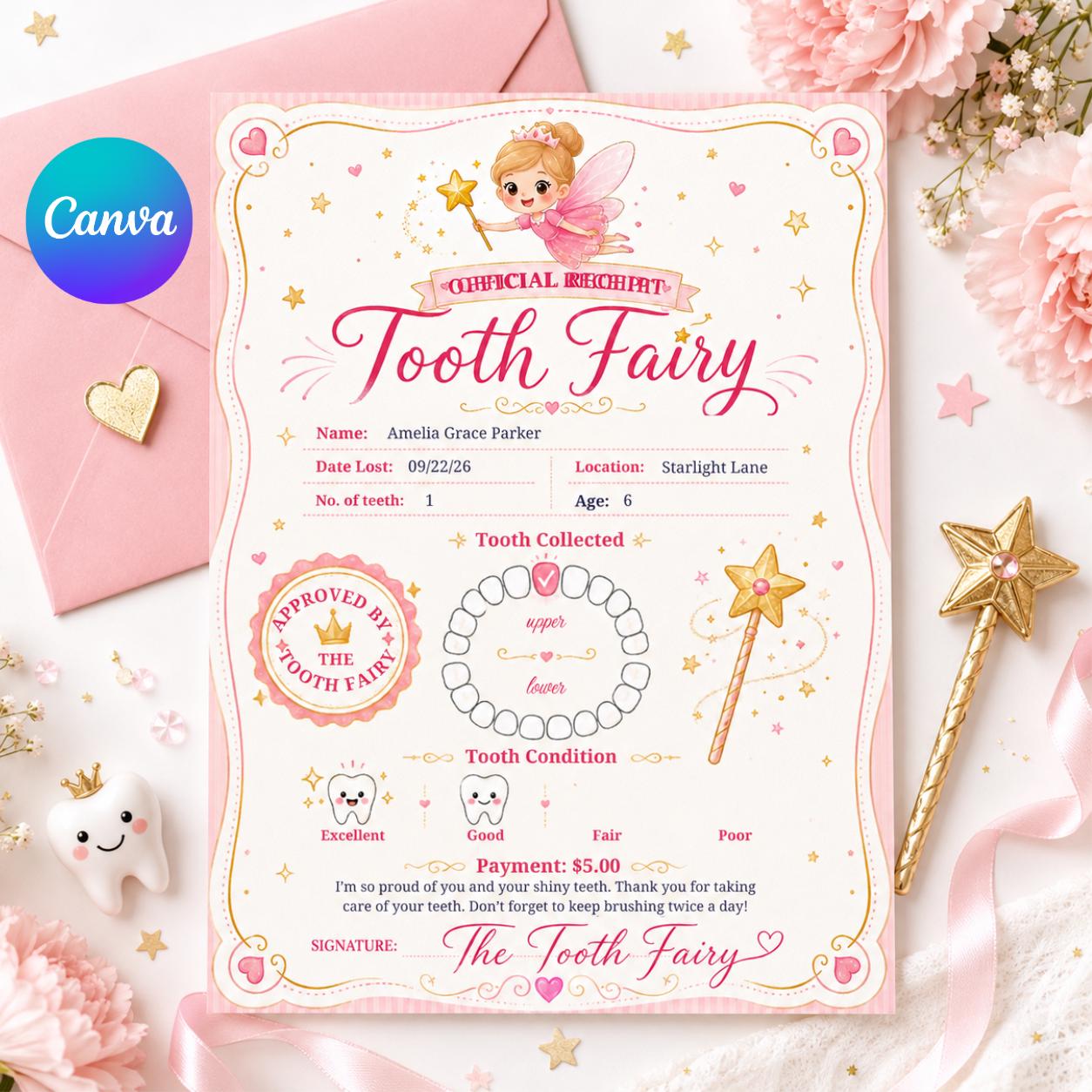 Tooth Fairy Official Receipt: Editable Canva Template (Digital Download) __etsy:8039669399