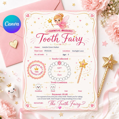 Tooth Fairy Official Receipt: Editable Canva Template (Digital Download) __etsy:8039669399