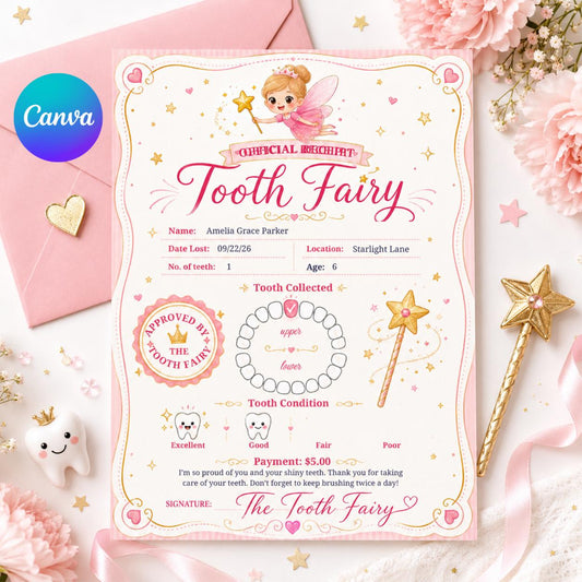 Tooth Fairy Official Receipt: Editable Canva Template (Digital Download) __etsy:8039669399