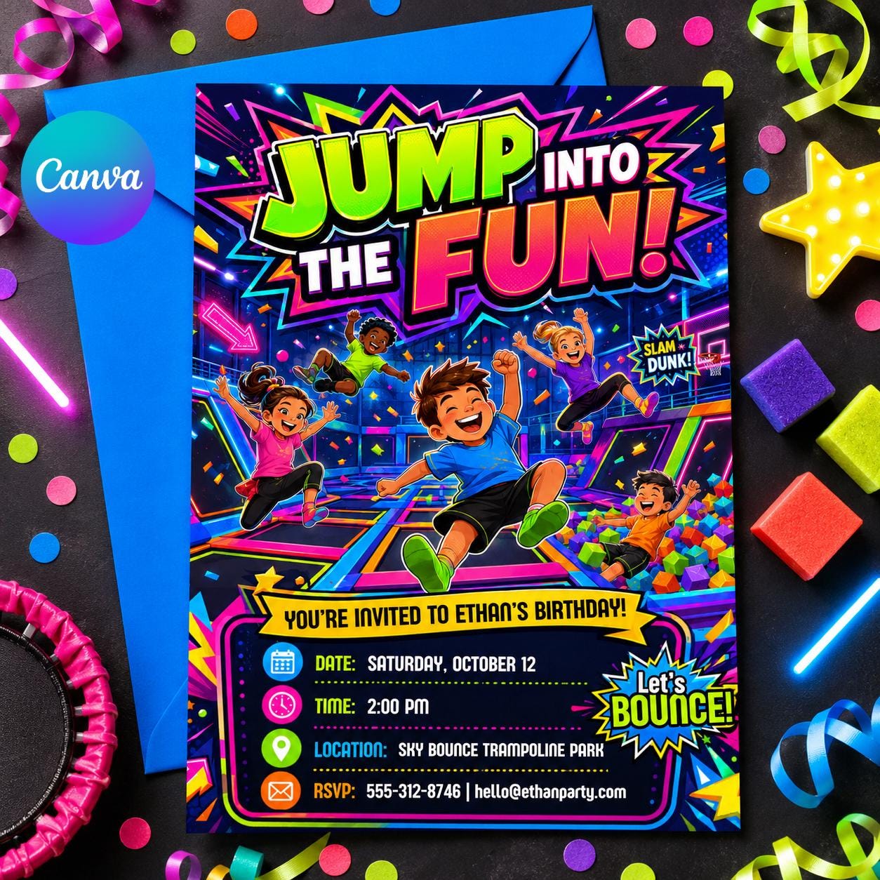 Trampoline Park Birthday Invitation, Bounce Party Invite, Jump Zone Birthday, Kids Indoor Bounce House Party, Jump Into Fun, Editable Canva __etsy:8043564507