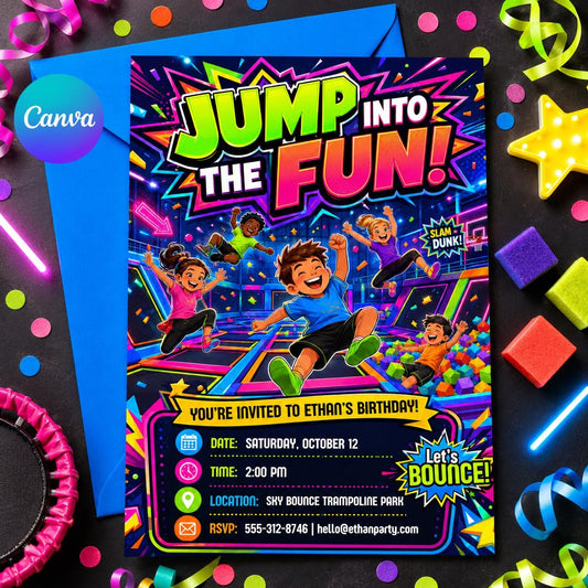 Trampoline Park Birthday Invitation, Bounce Party Invite, Jump Zone Birthday, Kids Indoor Bounce House Party, Jump Into Fun, Editable Canva __etsy:8043564507