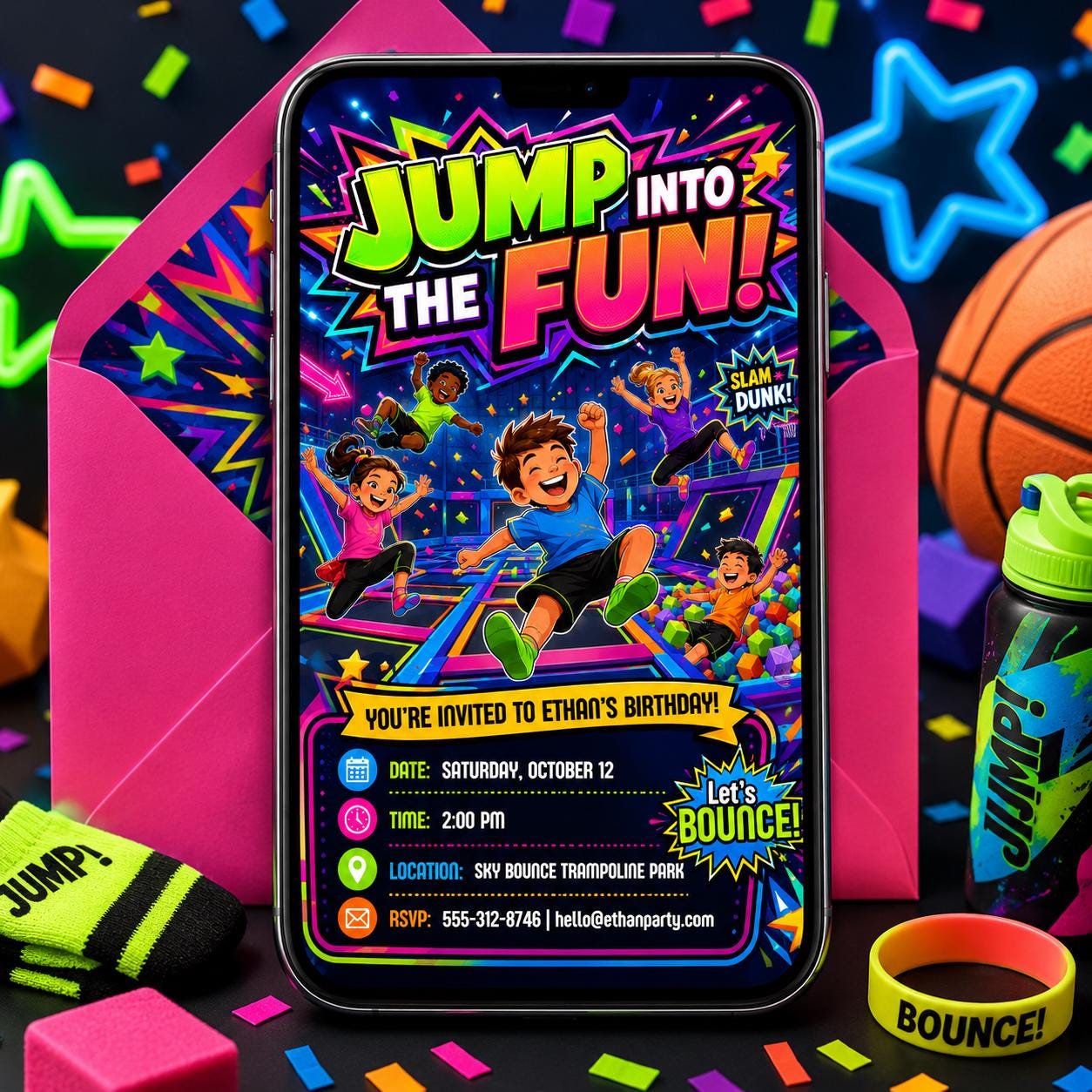 Trampoline Park Birthday Invitation, Bounce Party Invite, Jump Zone Birthday, Kids Indoor Bounce House Party, Jump Into Fun, Editable Canva __etsy:8043564505