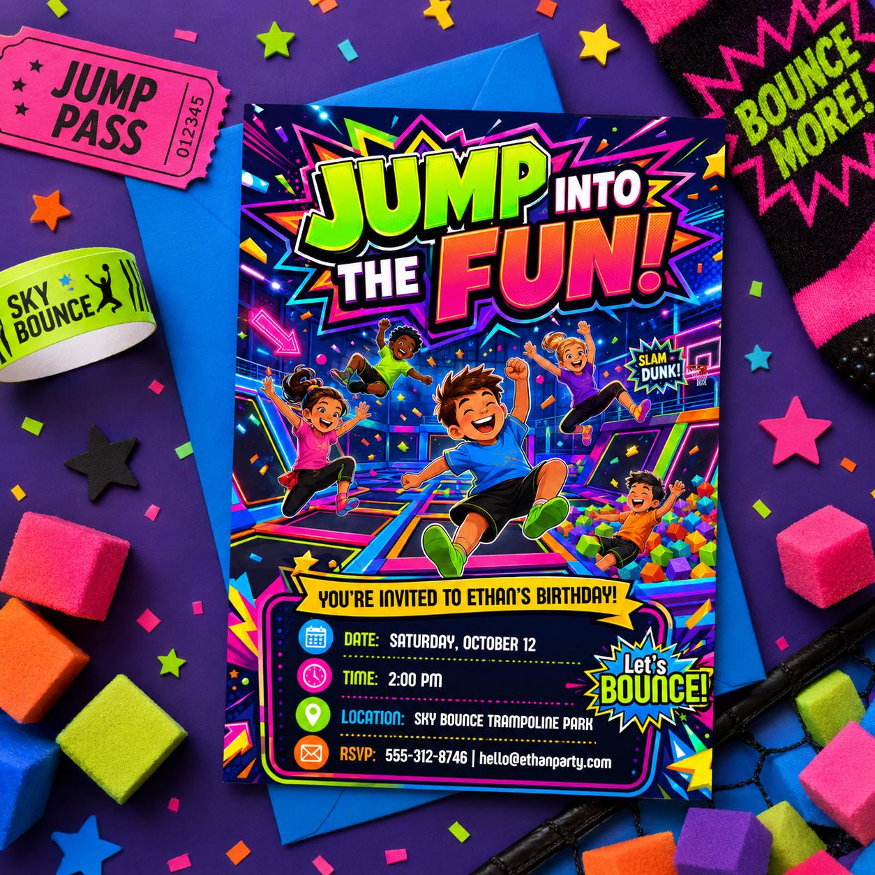 Trampoline Park Birthday Invitation, Bounce Party Invite, Jump Zone Birthday, Kids Indoor Bounce House Party, Jump Into Fun, Editable Canva __etsy:8043564577