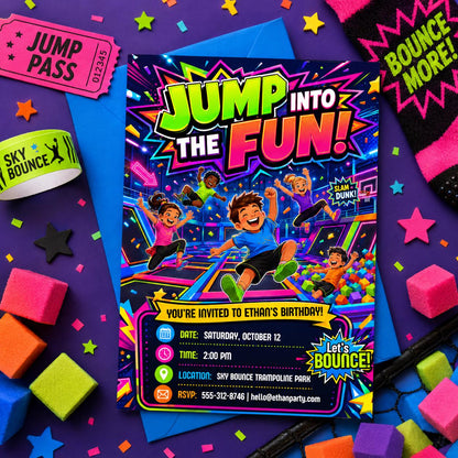 Trampoline Park Birthday Invitation, Bounce Party Invite, Jump Zone Birthday, Kids Indoor Bounce House Party, Jump Into Fun, Editable Canva __etsy:8043564577
