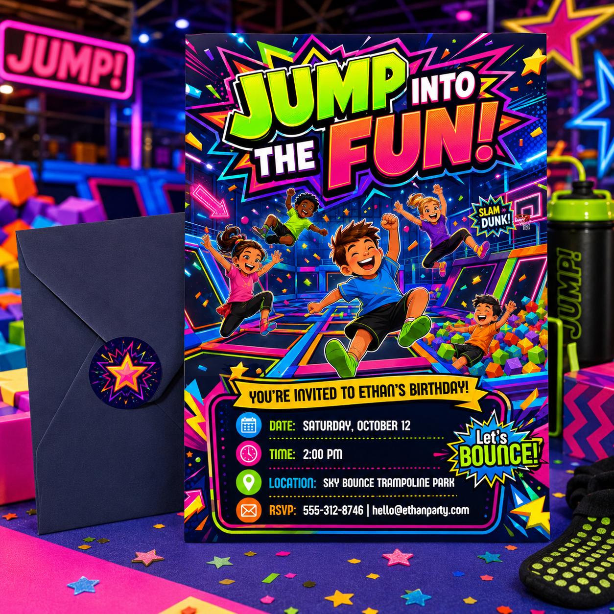 Trampoline Park Birthday Invitation, Bounce Party Invite, Jump Zone Birthday, Kids Indoor Bounce House Party, Jump Into Fun, Editable Canva __etsy:8043564537