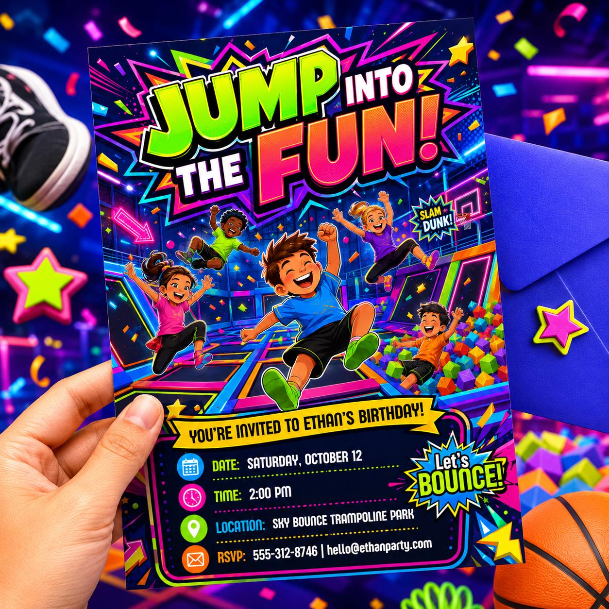 Trampoline Park Birthday Invitation, Bounce Party Invite, Jump Zone Birthday, Kids Indoor Bounce House Party, Jump Into Fun, Editable Canva __etsy:7995631572