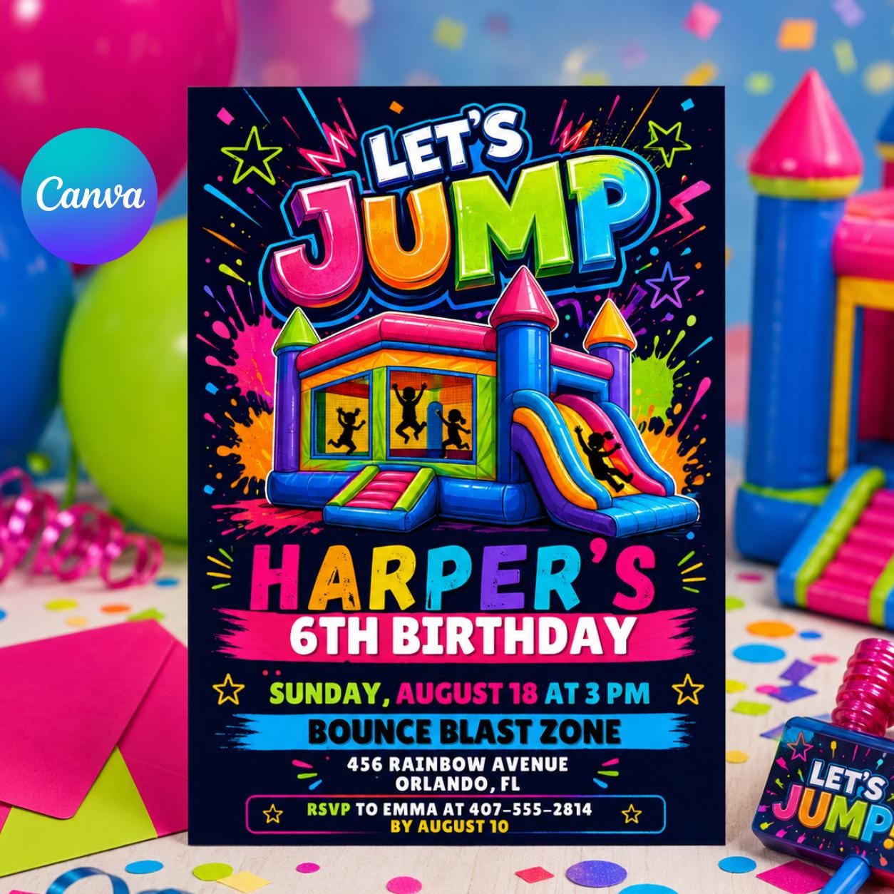 Trampoline Park Birthday Invitation, Jump & Flip Party Digital Invite, Bounce Blast Party  for Kids and Teens, Canva Template __etsy:8030831678