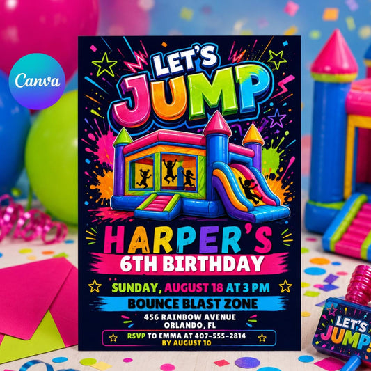 Trampoline Park Birthday Invitation, Jump & Flip Party Digital Invite, Bounce Blast Party  for Kids and Teens, Canva Template __etsy:8030831678