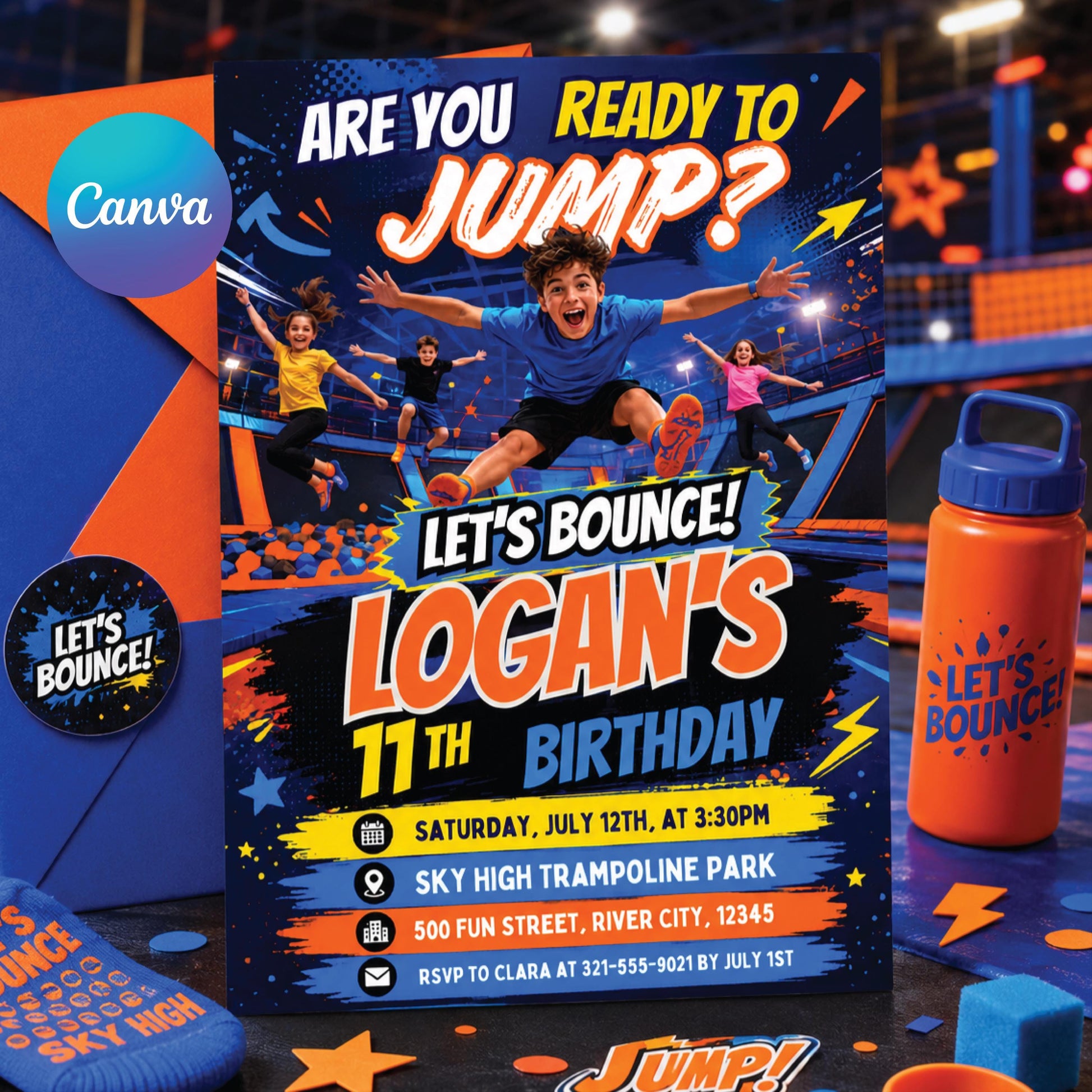 Trampoline Park Birthday Invitation – Jump & Flip Party Digital Invite, Editable Canva Template for Kids and Teens,  Canva Template __etsy:8071777715