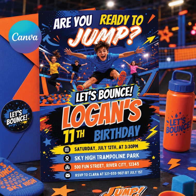 Orange and Blue Trampoline Action 11th Birthday Invitation
