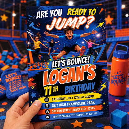 Trampoline Park Birthday Invitation – Jump & Flip Party Digital Invite, Editable Canva Template for Kids and Teens,  Canva Template __etsy:8023863604