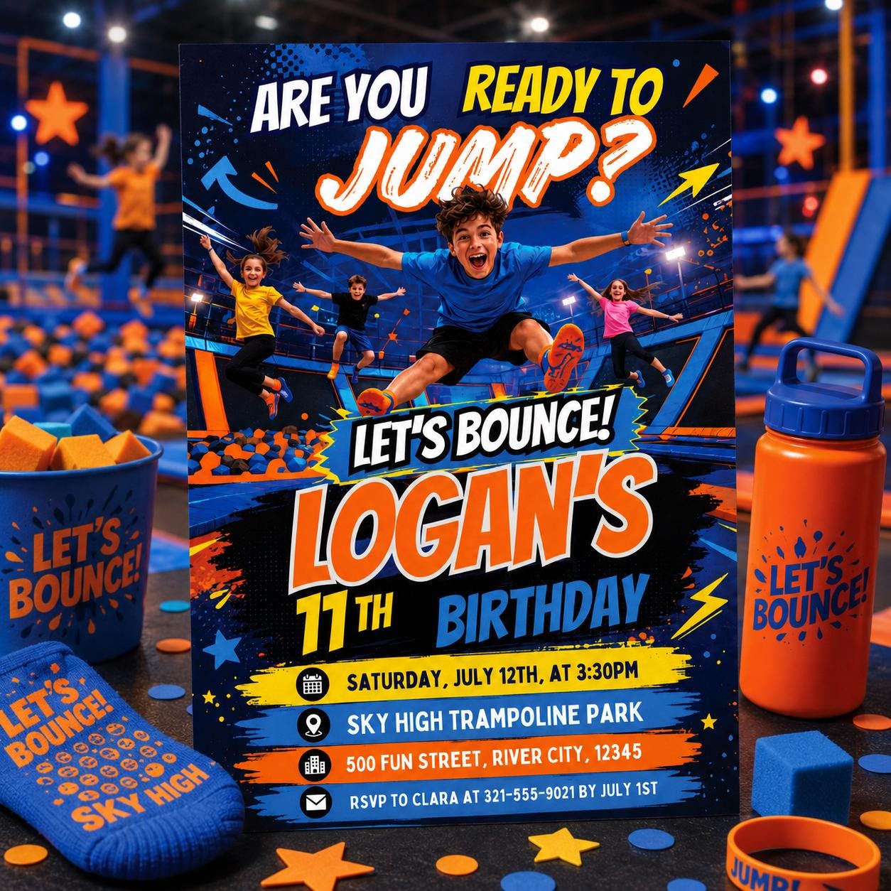 Trampoline Park Birthday Invitation – Jump & Flip Party Digital Invite, Editable Canva Template for Kids and Teens,  Canva Template __etsy:8023863098