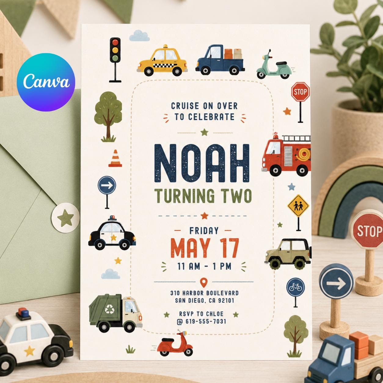 Transportation Birthday Invitation Boy, Two Two Birthday Invite, Vehicle Birthday Canva Template, Train Truck Car Birthday Party Invite __etsy:8032297848