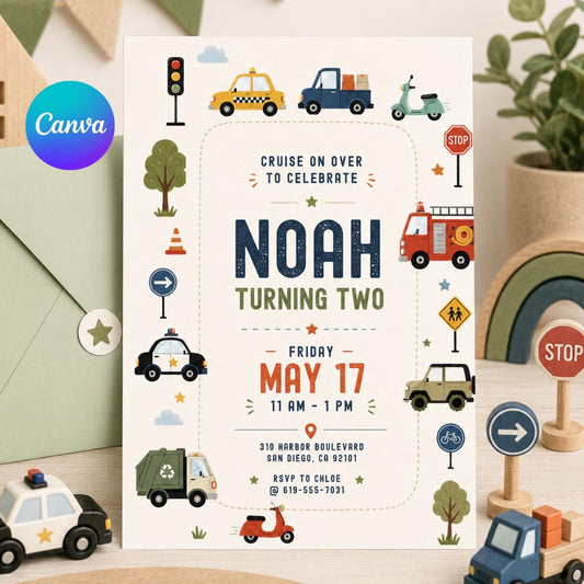 Transportation Birthday Invitation Boy, Two Two Birthday Invite, Vehicle Birthday Canva Template, Train Truck Car Birthday Party Invite __etsy:8032297848