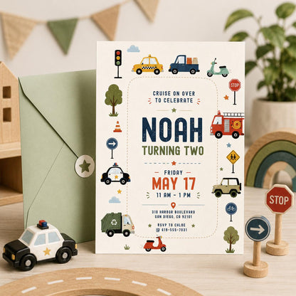 Transportation Birthday Invitation Boy, Two Two Birthday Invite, Vehicle Birthday Canva Template, Train Truck Car Birthday Party Invite __etsy:8080206253