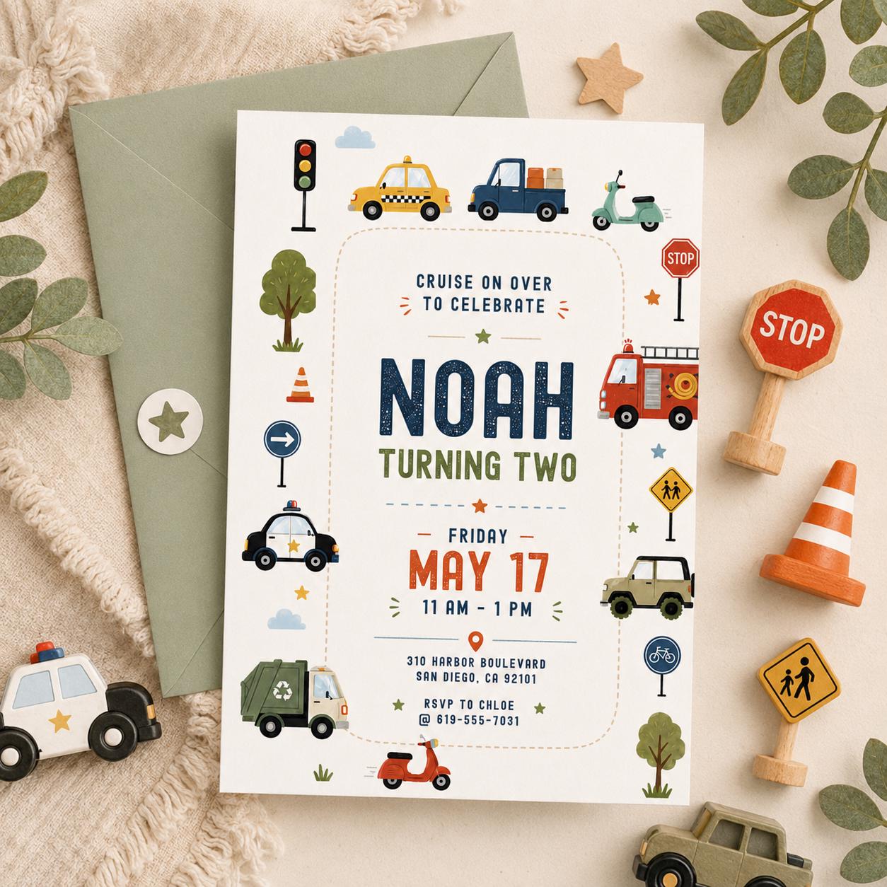 Transportation Birthday Invitation Boy, Two Two Birthday Invite, Vehicle Birthday Canva Template, Train Truck Car Birthday Party Invite __etsy:8080206351