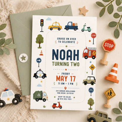 Transportation Birthday Invitation Boy, Two Two Birthday Invite, Vehicle Birthday Canva Template, Train Truck Car Birthday Party Invite __etsy:8080206351