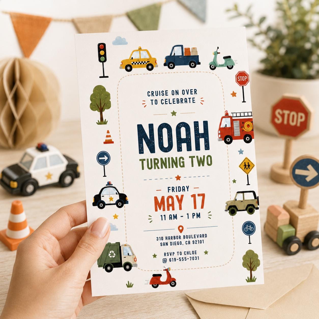 Transportation Birthday Invitation Boy, Two Two Birthday Invite, Vehicle Birthday Canva Template, Train Truck Car Birthday Party Invite __etsy:8080206233