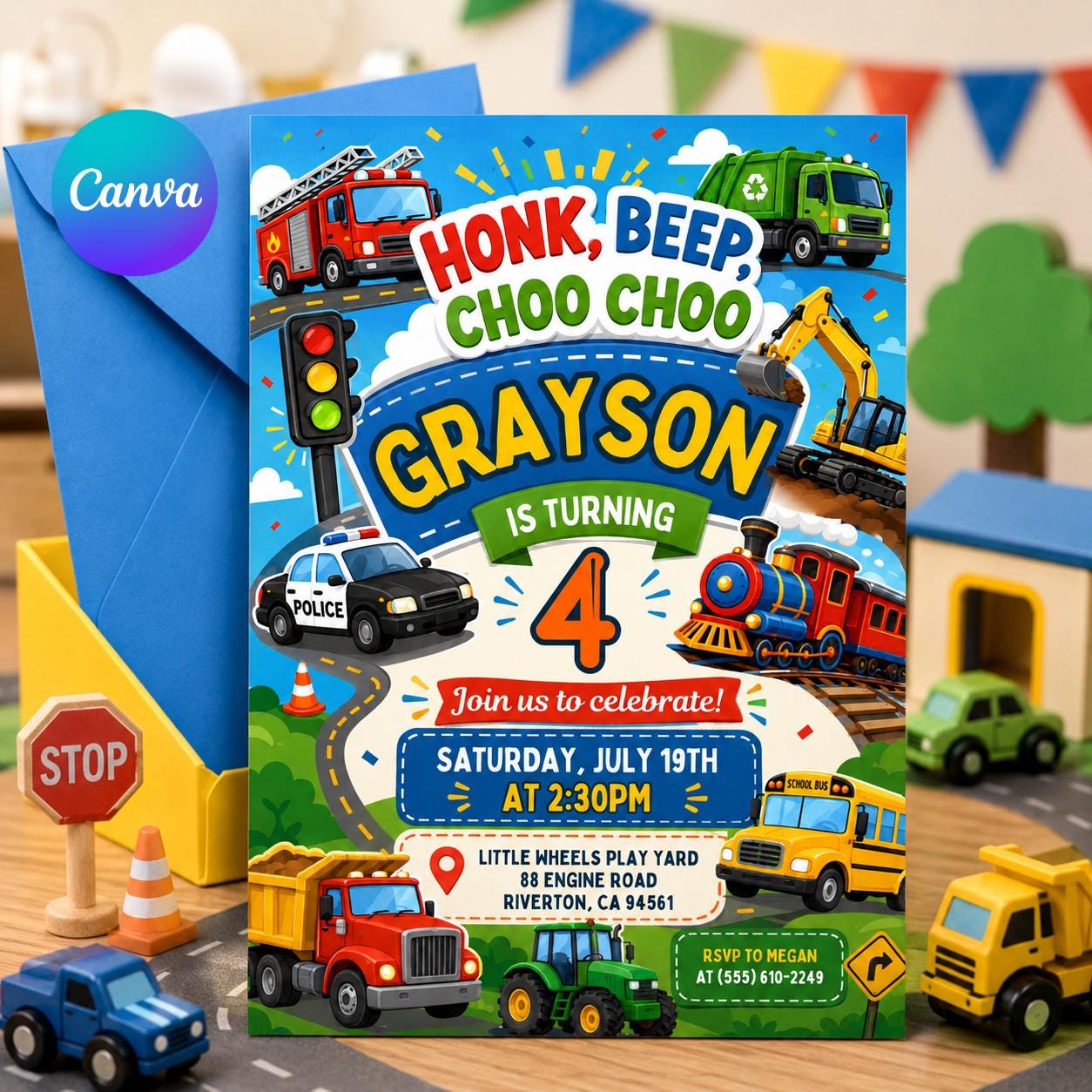 Transportation Birthday Invitation Honk, Beep, Choo Choo, Editable Train, Truck and Cars Birthday Invite, Boy Birthday Invitation, Canva __etsy:8074991217