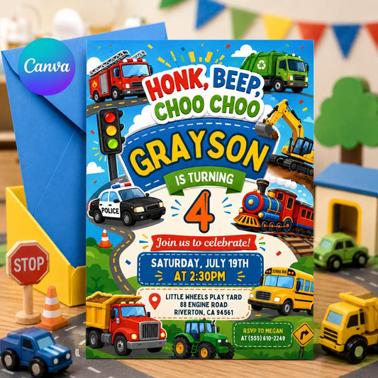 Transportation Birthday Invitation Honk, Beep, Choo Choo, Editable Train, Truck and Cars Birthday Invite, Boy Birthday Invitation, Canva __etsy:8074991217