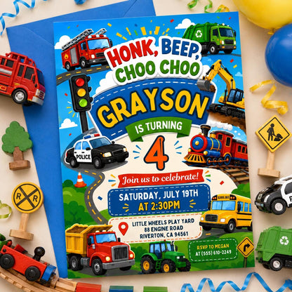 Transportation Birthday Invitation Honk, Beep, Choo Choo, Editable Train, Truck and Cars Birthday Invite, Boy Birthday Invitation, Canva __etsy:8027073848