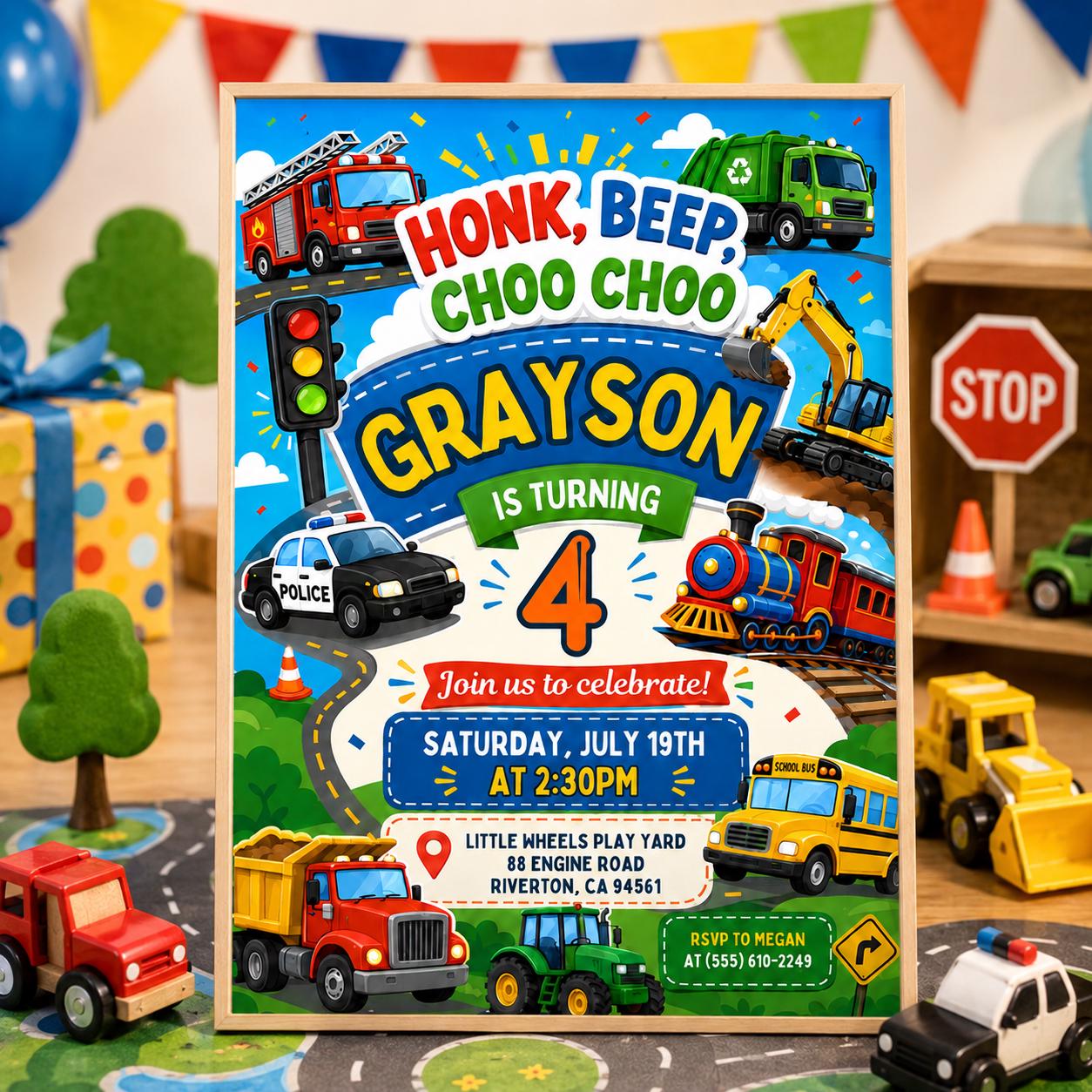 Transportation Birthday Invitation Honk, Beep, Choo Choo, Editable Train, Truck and Cars Birthday Invite, Boy Birthday Invitation, Canva __etsy:8027073864