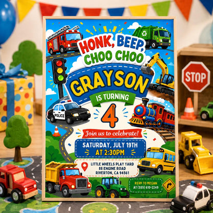 Transportation Birthday Invitation Honk, Beep, Choo Choo, Editable Train, Truck and Cars Birthday Invite, Boy Birthday Invitation, Canva __etsy:8027073864
