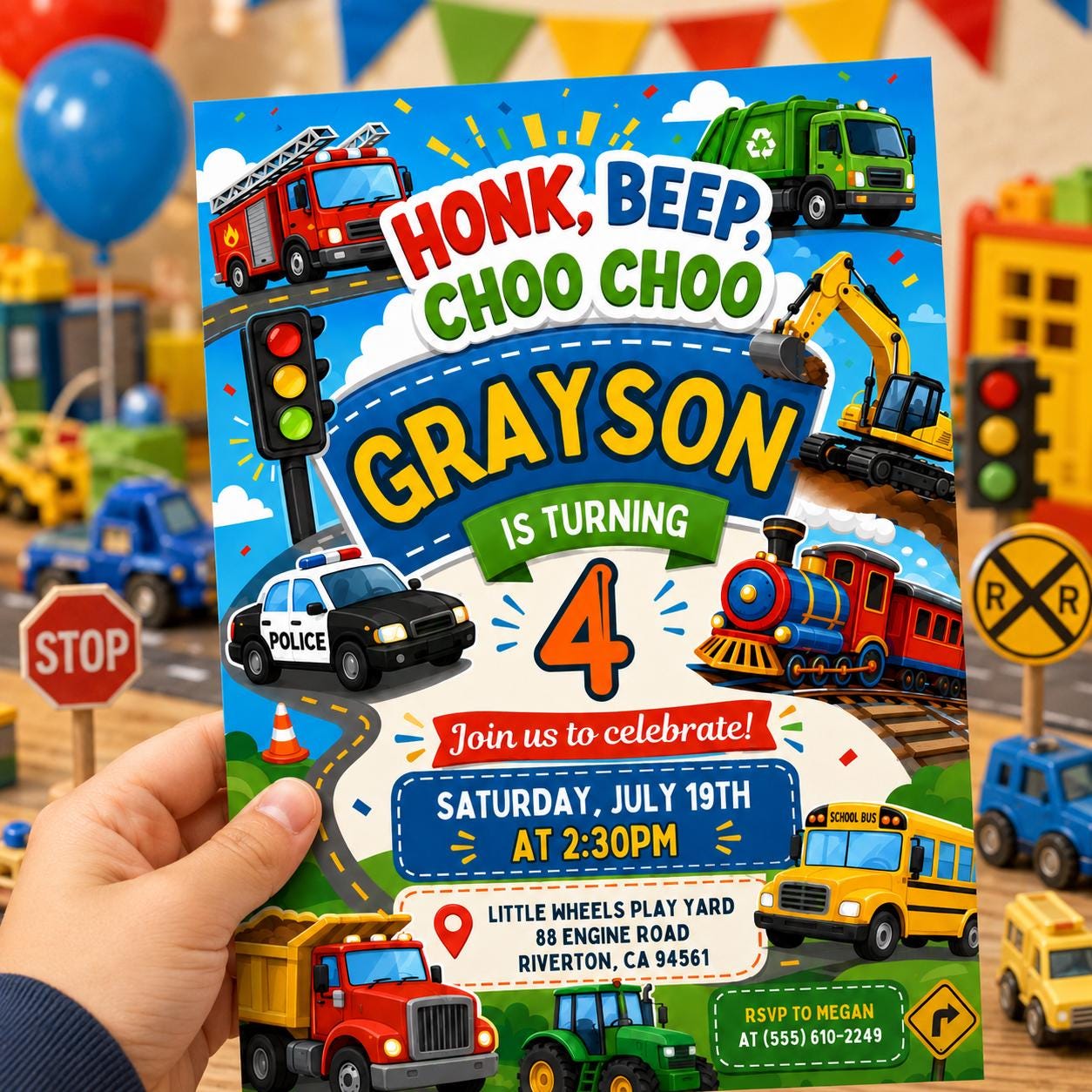 Transportation Birthday Invitation Honk, Beep, Choo Choo, Editable Train, Truck and Cars Birthday Invite, Boy Birthday Invitation, Canva __etsy:8074988629