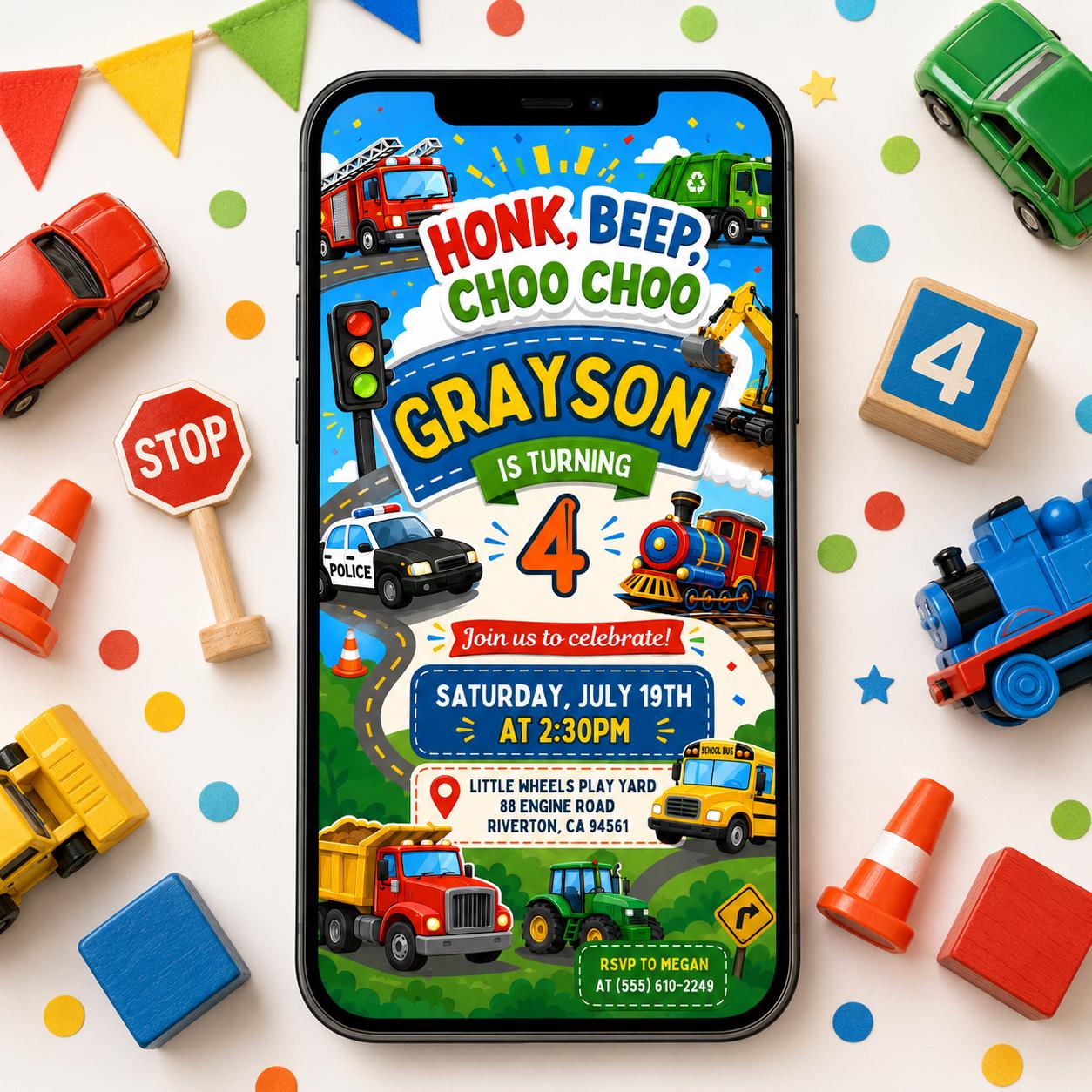 Transportation Birthday Invitation Honk, Beep, Choo Choo, Editable Train, Truck and Cars Birthday Invite, Boy Birthday Invitation, Canva __etsy:8074988625