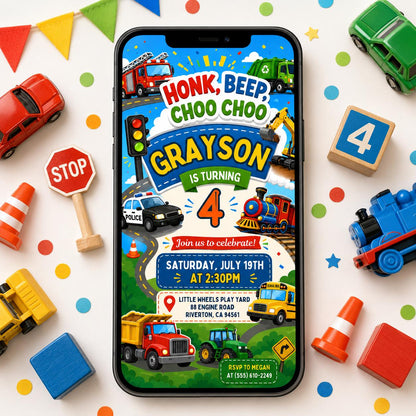 Transportation Birthday Invitation Honk, Beep, Choo Choo, Editable Train, Truck and Cars Birthday Invite, Boy Birthday Invitation, Canva __etsy:8074988625
