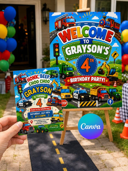 Transportation Birthday Invitation Honk, Beep Choo Choo, Editable welcome sign, Truck and Cars welcome sign, Boy Birthday welcome sign Canva __etsy:8109424901