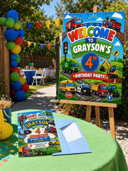 Transportation Birthday Invitation Honk, Beep Choo Choo, Editable welcome sign, Truck and Cars welcome sign, Boy Birthday welcome sign Canva __etsy:8061510390