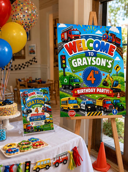 Transportation Birthday Invitation Honk, Beep Choo Choo, Editable welcome sign, Truck and Cars welcome sign, Boy Birthday welcome sign Canva __etsy:8061510394