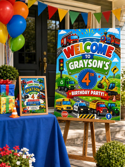 Transportation Birthday Invitation Honk, Beep Choo Choo, Editable welcome sign, Truck and Cars welcome sign, Boy Birthday welcome sign Canva __etsy:8061510396