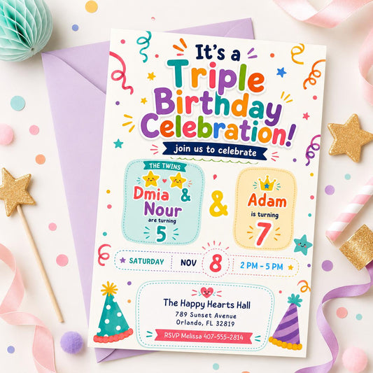 Triple Celebration Invitation, Joint Birthday Invitation, Sibling Birthday Party, Printable Triple Birthday Invite, Editable Canva Template __etsy:8081294753