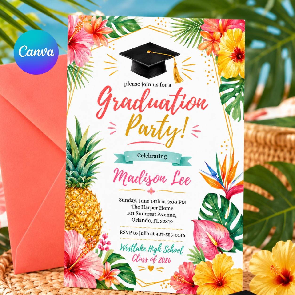 Tropical Graduation Invitation Template, Luau Grad Party Invite, Floral Hibiscus Hawaiian Grad Party, Tropical Luau Hawaii College, Canva __etsy:8056385475