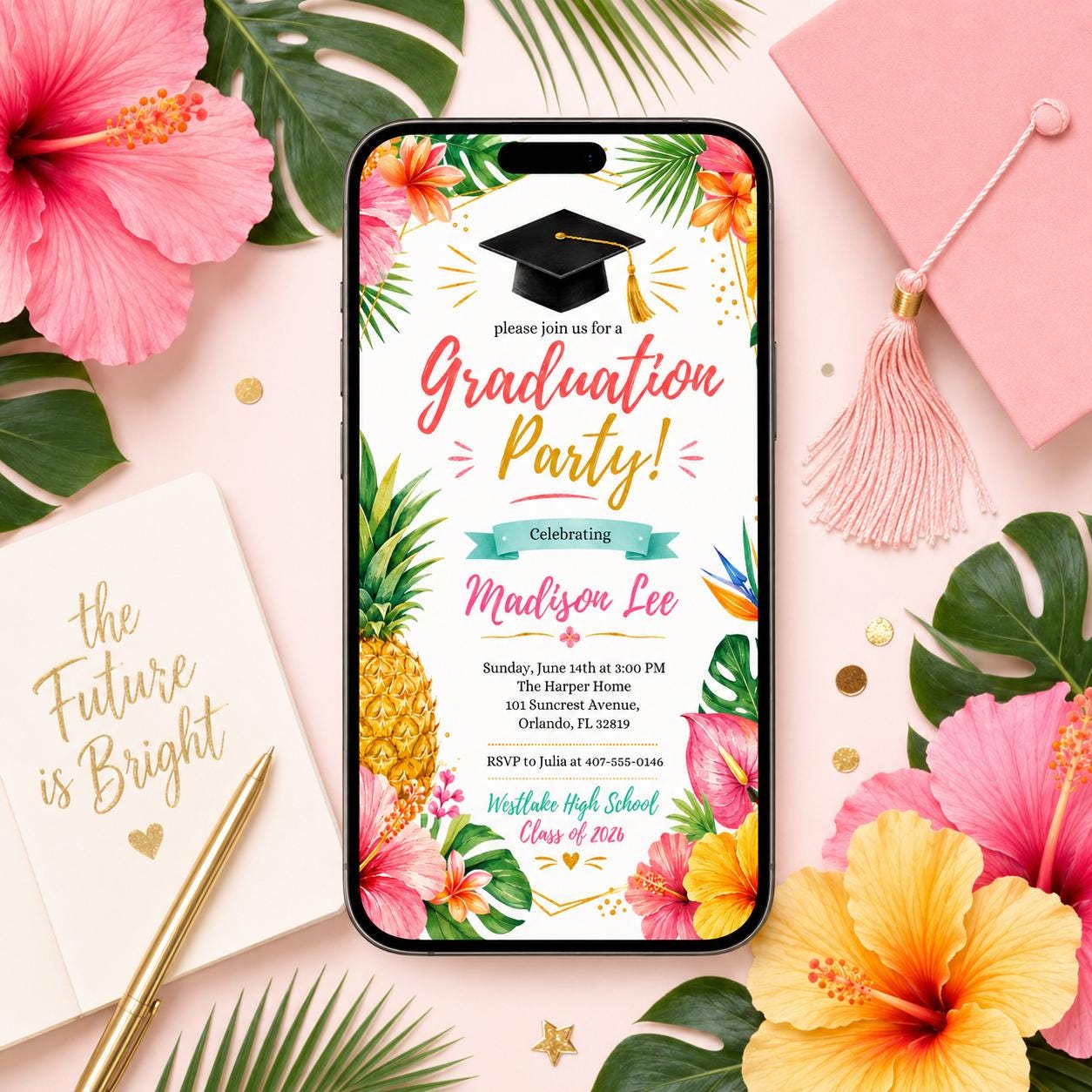 Tropical Graduation Invitation Template, Luau Grad Party Invite, Floral Hibiscus Hawaiian Grad Party, Tropical Luau Hawaii College, Canva __etsy:8056376829