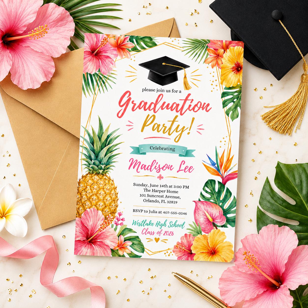 Tropical Graduation Invitation Template, Luau Grad Party Invite, Floral Hibiscus Hawaiian Grad Party, Tropical Luau Hawaii College, Canva __etsy:8056376845