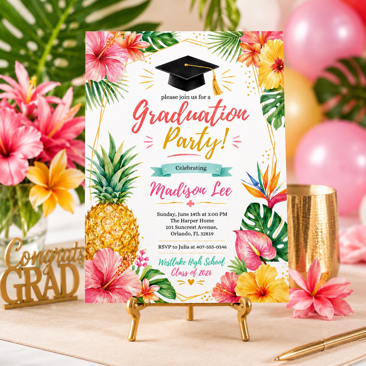 Tropical Graduation Invitation Template, Luau Grad Party Invite, Floral Hibiscus Hawaiian Grad Party, Tropical Luau Hawaii College, Canva __etsy:8008459684