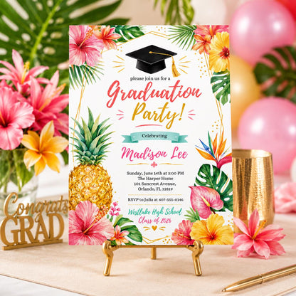 Tropical Graduation Invitation Template, Luau Grad Party Invite, Floral Hibiscus Hawaiian Grad Party, Tropical Luau Hawaii College, Canva __etsy:8008459684