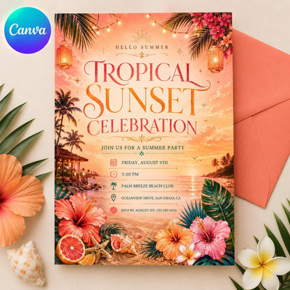 Tropical Sunset Celebration Sunset Soiree Invitation, Summer Cocktail Party Invite, Orange Tropical Flower Birthday, Editable Canva Template __etsy:8049278998