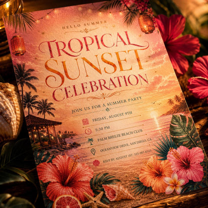 Tropical Sunset Celebration Sunset Soiree Invitation, Summer Cocktail Party Invite, Orange Tropical Flower Birthday, Editable Canva Template __etsy:8097191955