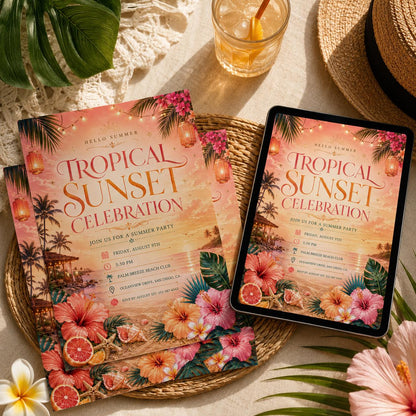Tropical Sunset Celebration Sunset Soiree Invitation, Summer Cocktail Party Invite, Orange Tropical Flower Birthday, Editable Canva Template __etsy:8049279002
