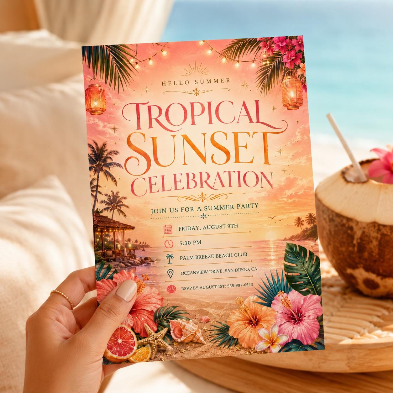 Tropical Sunset Celebration Sunset Soiree Invitation, Summer Cocktail Party Invite, Orange Tropical Flower Birthday, Editable Canva Template __etsy:8049279004