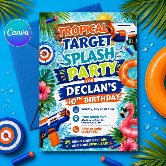 Tropical Target Splash Party Invitation, Editable Pool Party Birthday Invitation, Swim Invite for Boys, Pool Birthday Canva Template __etsy:8047109490