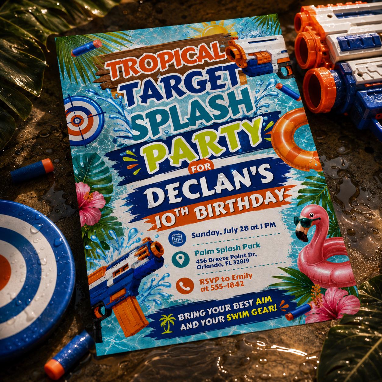 Tropical Target Splash Party Invitation, Editable Pool Party Birthday Invitation, Swim Invite for Boys, Pool Birthday Canva Template __etsy:8047108312