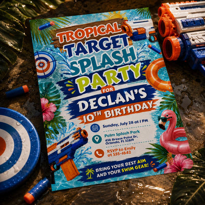 Tropical Target Splash Party Invitation, Editable Pool Party Birthday Invitation, Swim Invite for Boys, Pool Birthday Canva Template __etsy:8047108312
