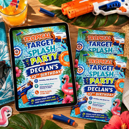 Tropical Target Splash Party Invitation, Editable Pool Party Birthday Invitation, Swim Invite for Boys, Pool Birthday Canva Template __etsy:8047109038