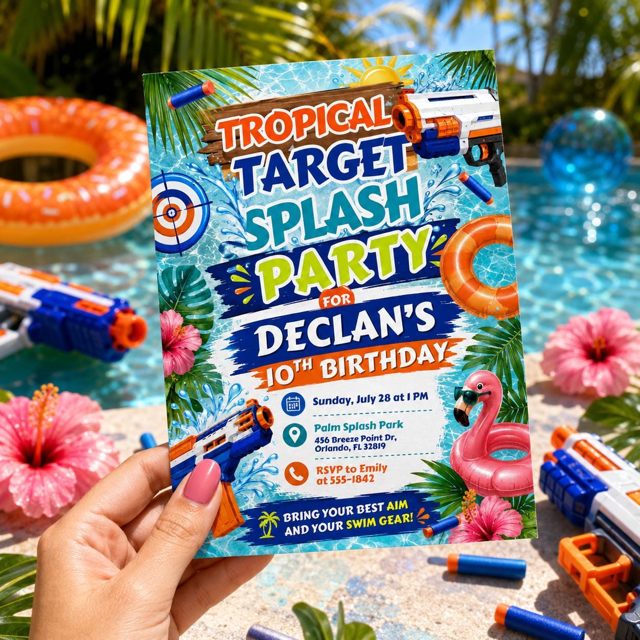 Tropical Target Splash Party Invitation, Editable Pool Party Birthday Invitation, Swim Invite for Boys, Pool Birthday Canva Template __etsy:8047109676