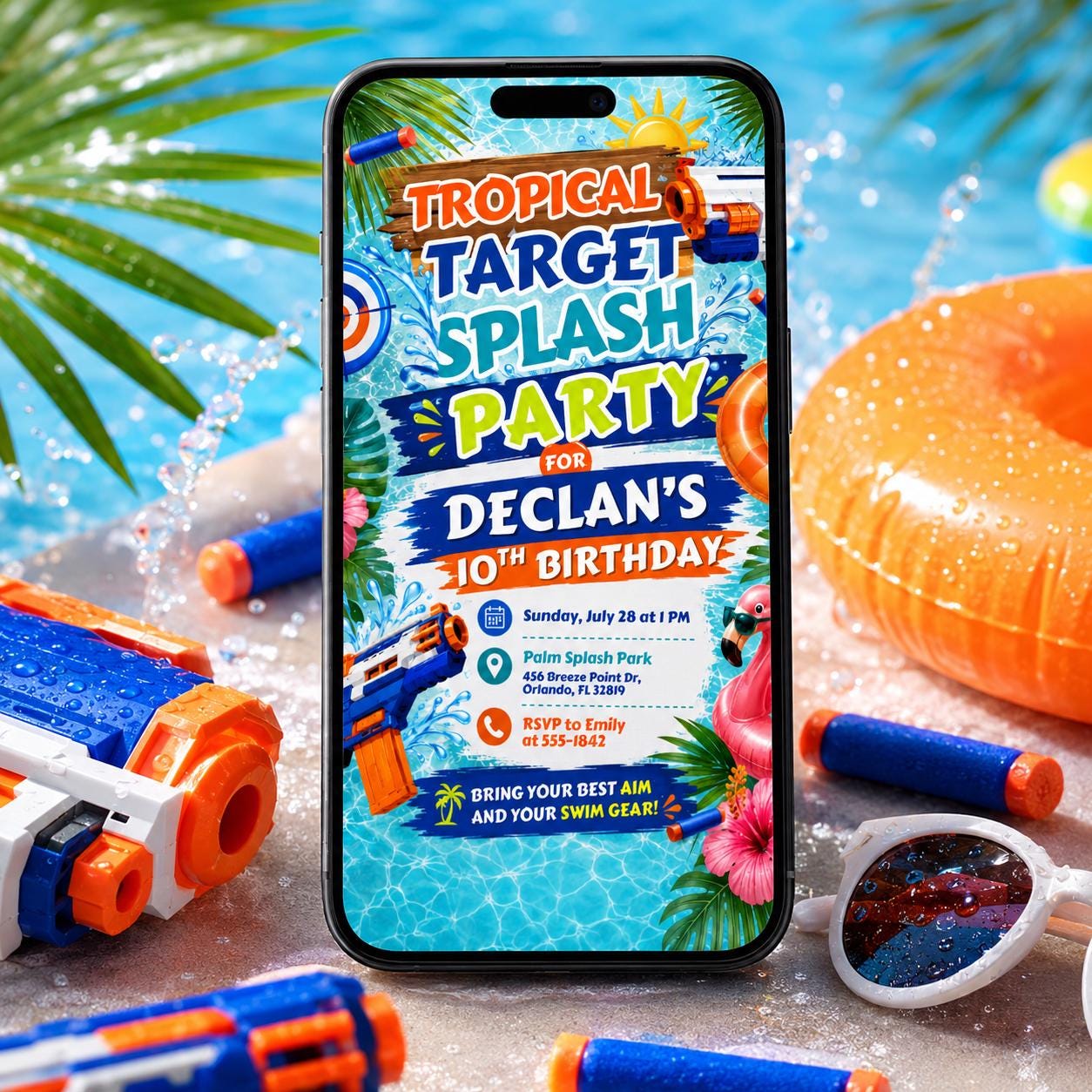Tropical Target Splash Party Invitation, Editable Pool Party Birthday Invitation, Swim Invite for Boys, Pool Birthday Canva Template __etsy:8047109696